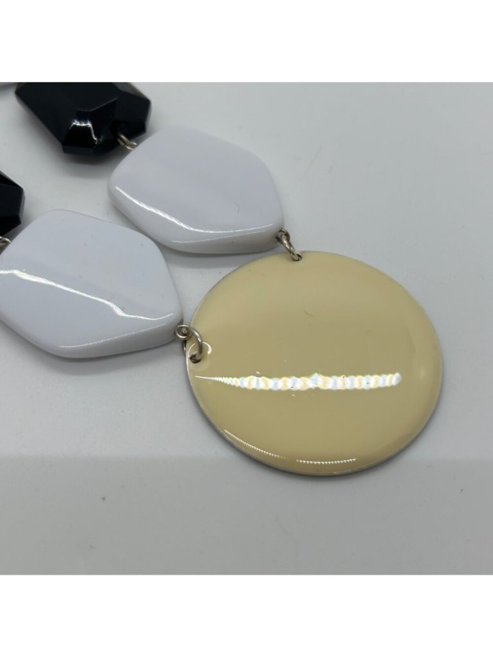 Chunky Black White Statement Necklace Geometric Acrylic Enamel Silver tone Bib - Picture 10 of 13